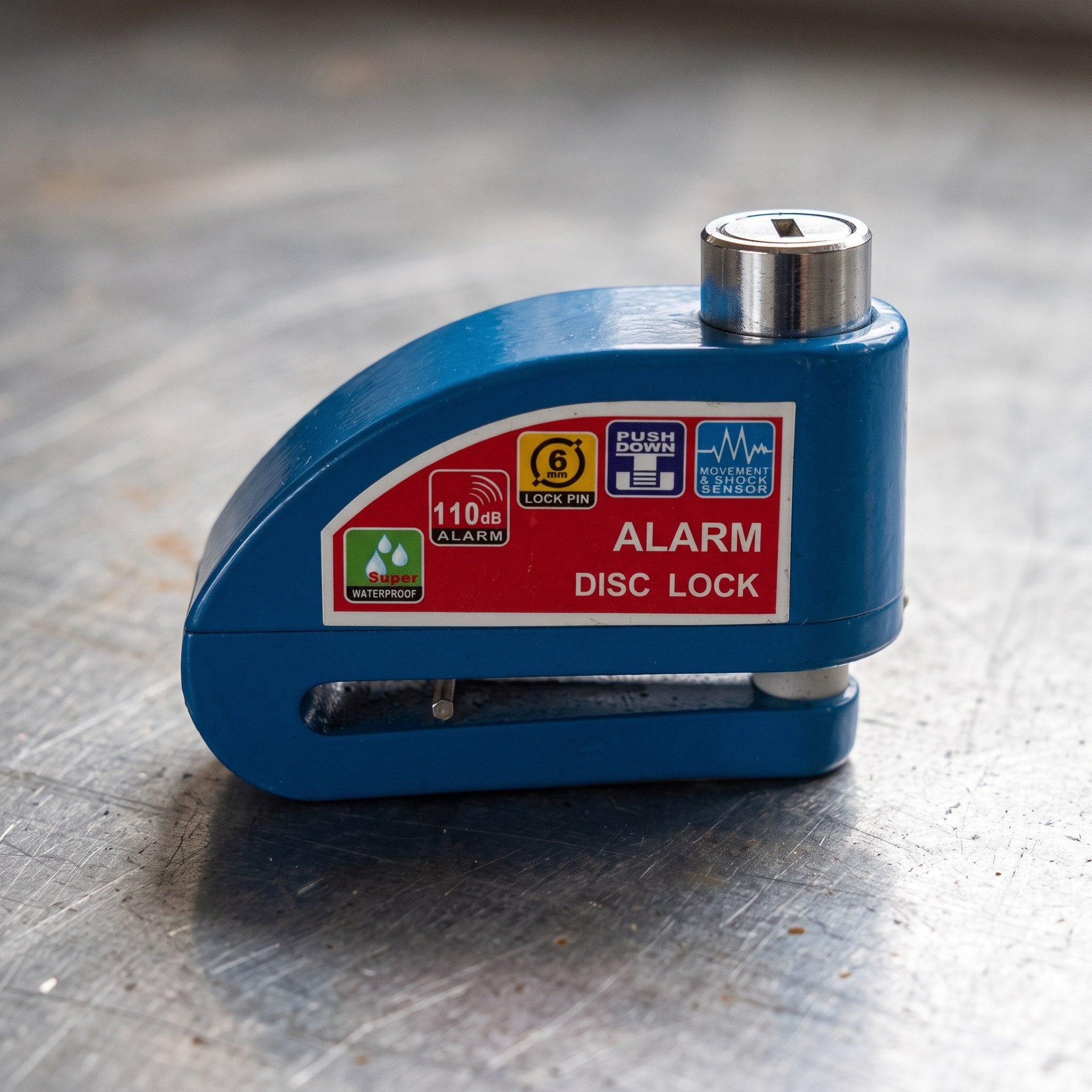 Blue RideLatch alarm disc lock close-up