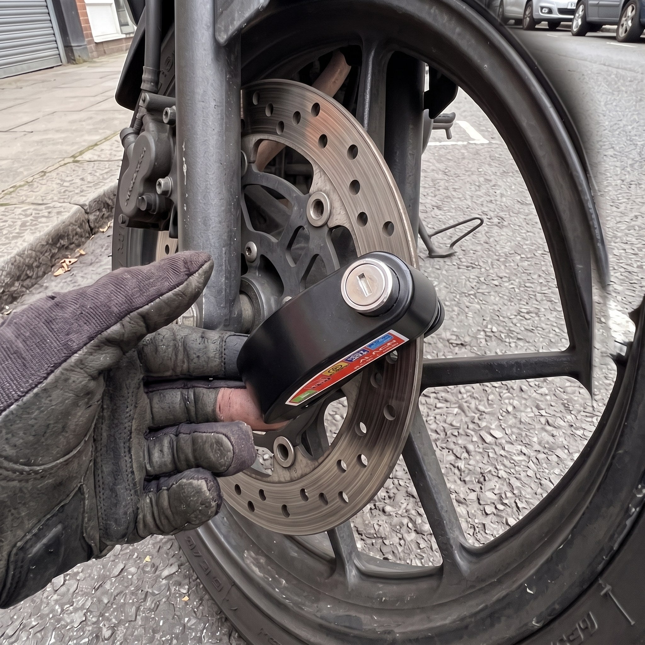 RideLatch in an everyday motorcycle parking scene 1
