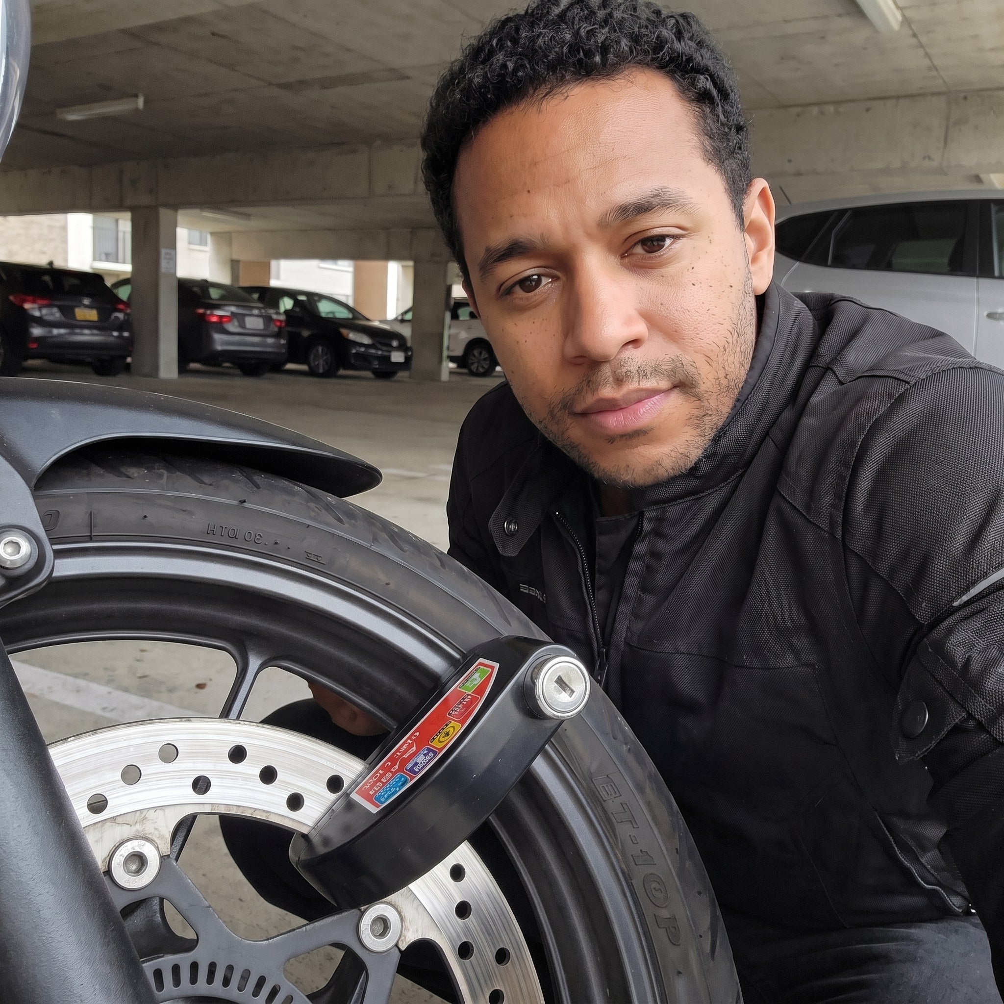 Commuter beside a parked motorcycle with RideLatch