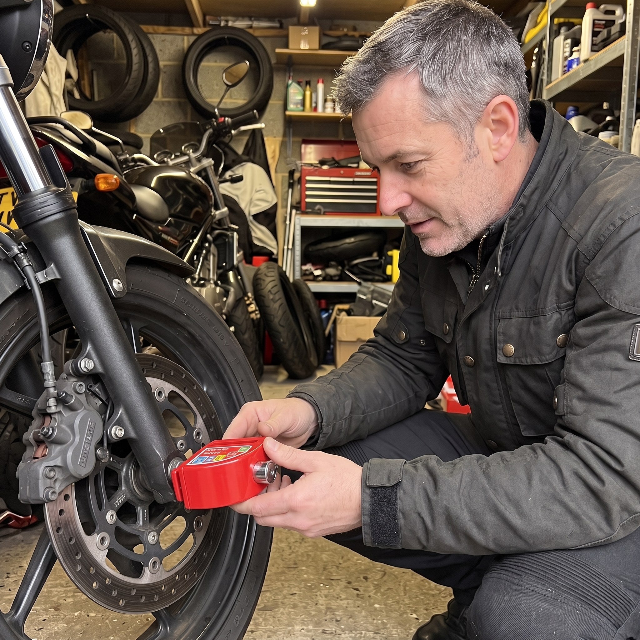 Rider checking RideLatch against a drilled brake disc