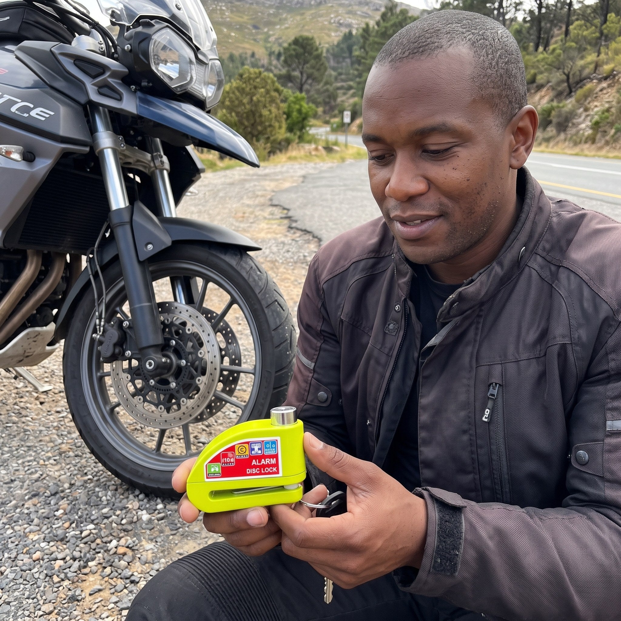 Rider with RideLatch at a daytime ride rest stop