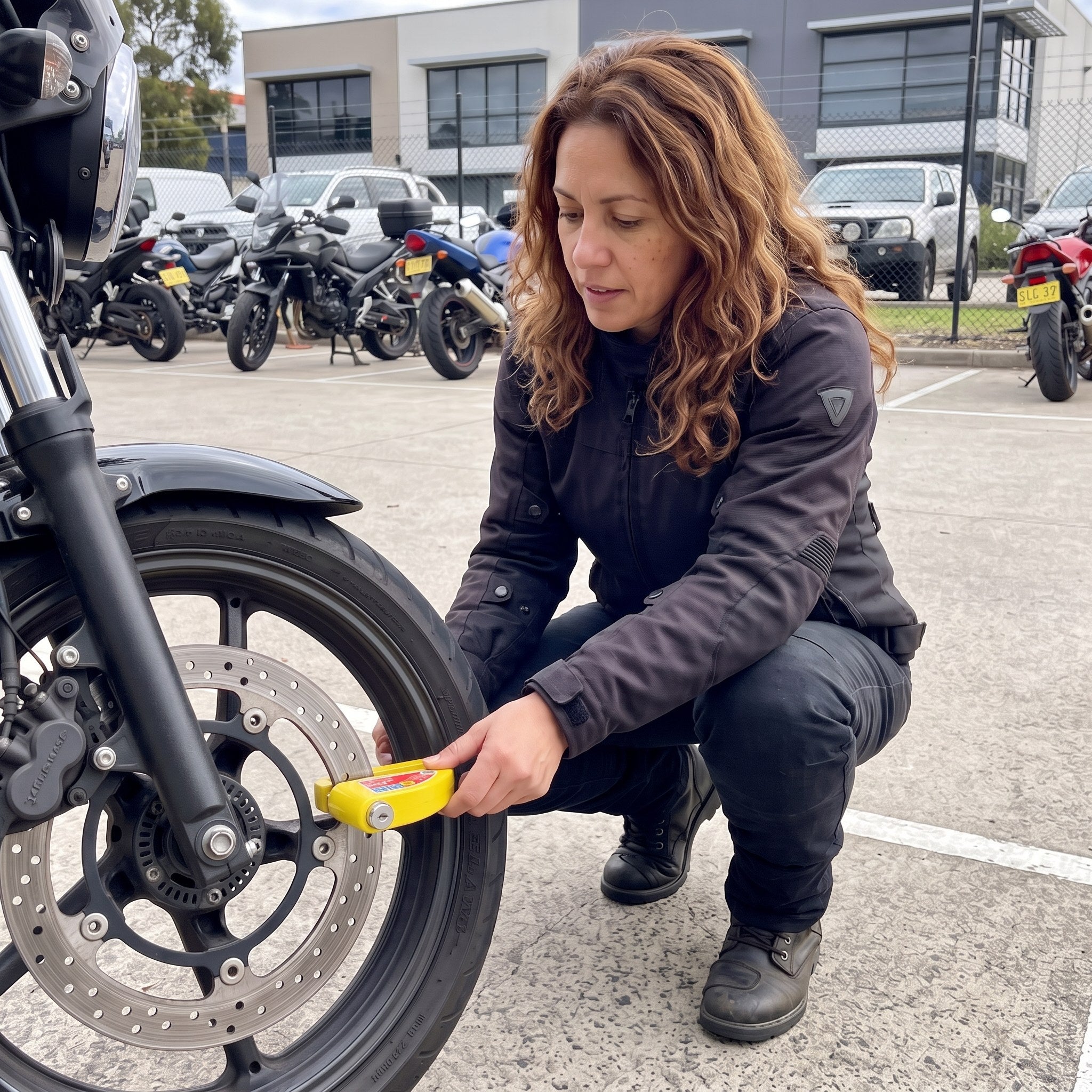 Rider holding RideLatch at workplace motorcycle parking